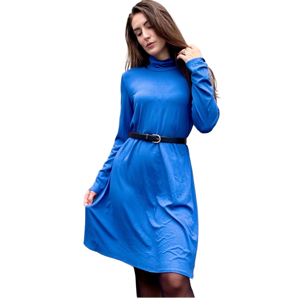 Eileen Fisher Blue Jersey Knit Turtleneck Long Sleeve Swing Dress Medium